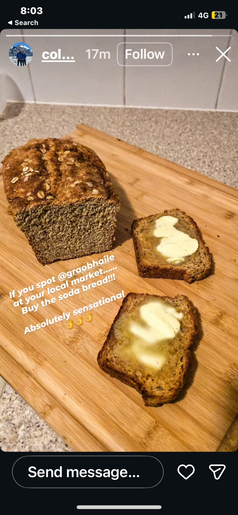 Customer Instagram story praising Grá Ó Bháile soda bread
